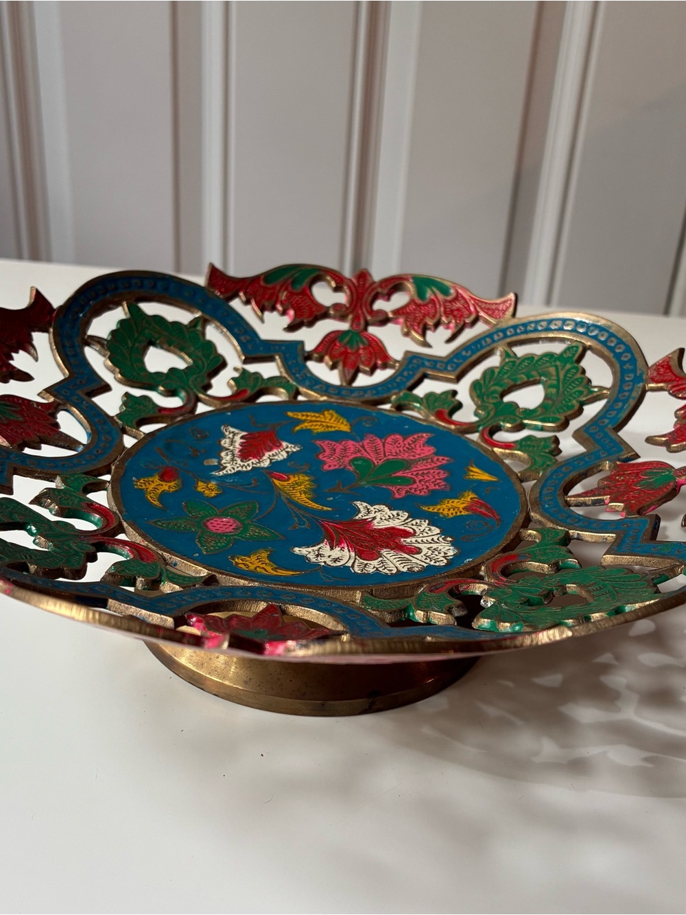 Vintage India Brass Enamel Pedestal Bowl Openwork Scalloped Rim